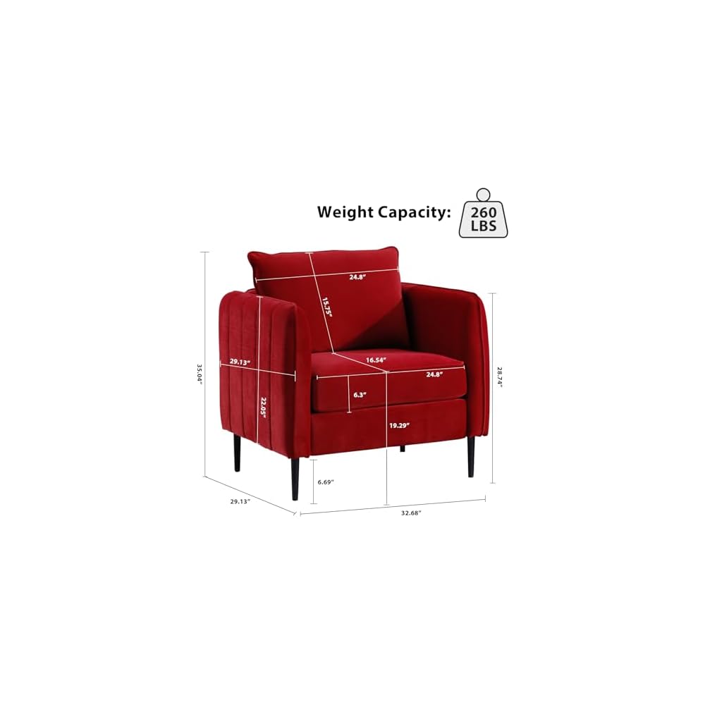 Modern Velvet Accent Chair, Single Sofa Chairs Armchair with Square Arm, Upholstered Accent Chairs for Living Room, Bedroom, Apartment (Burgundy Chair)