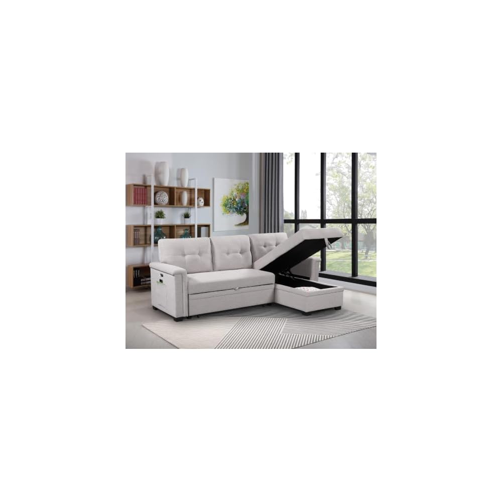 Convertible Sleeper Sofa Bed 84 Inch, L Shaped Sectional Couch with Pull Out Bed, USB Charging Ports, Storage Chaise for Living Room, Office, Linen Fabric, Light Gray