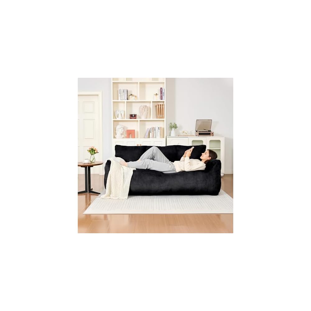 Faux Fur Loveseat Couch, Oversized Lounge Sofa for Adults, Fluffy Lazy Sofa with Soft Stuffed Filling, Big Comfy Couch, Boneless Couches for Living Room, Bedroom, Black