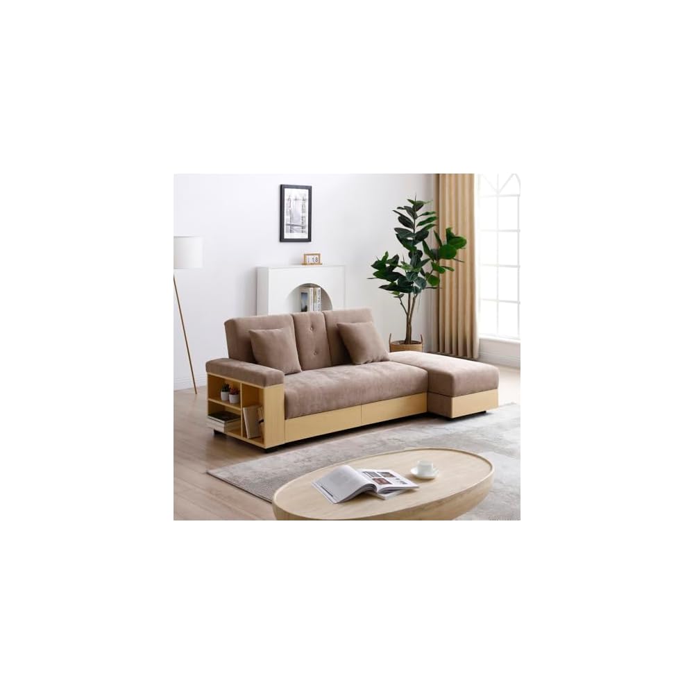 Convertible Sleeper Sofa Bed, Light Brown, With Storage and Cup Holders