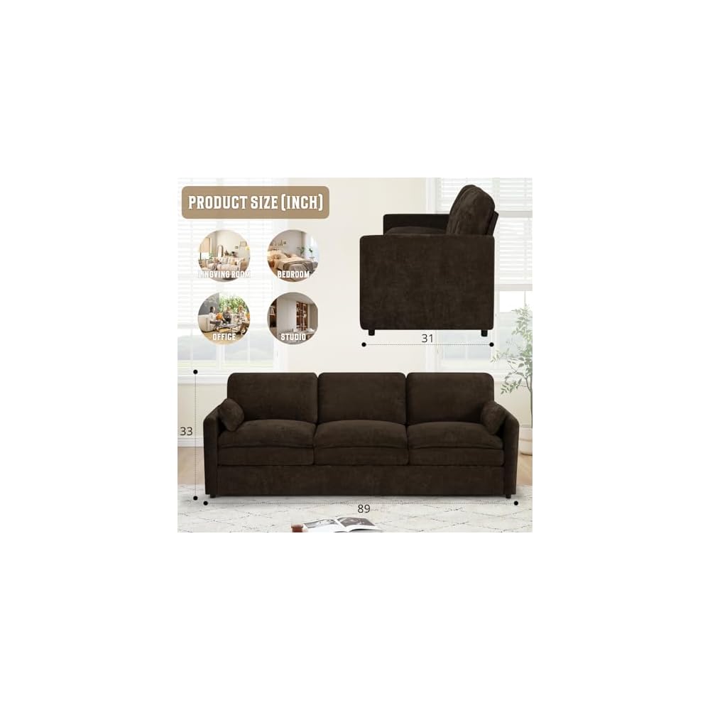 89" Chenille Modern Sofa w/Plump Backrests, Brown