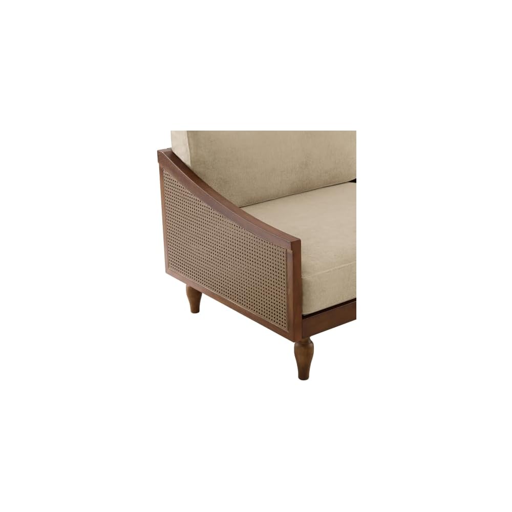 Harper Mid-Century Loveseat Sofa Couch, 2-Seater Lounge Sofa with Rattan Armrests and Wooden Legs, Chenille Upholstered Couches for Living Room, Walnut + Light Brown