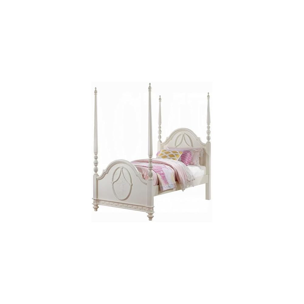 Dorie Full Size Poster Bed, Embossed Floral and Oval Molding, Ivory