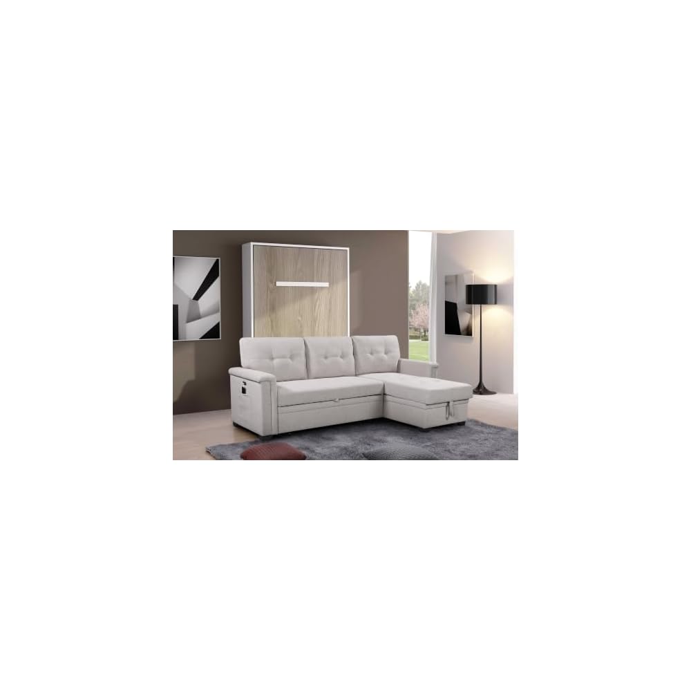 Convertible Sleeper Sofa Bed 84 Inch, L Shaped Sectional Couch with Pull Out Bed, USB Charging Ports, Storage Chaise for Living Room, Office, Linen Fabric, Light Gray