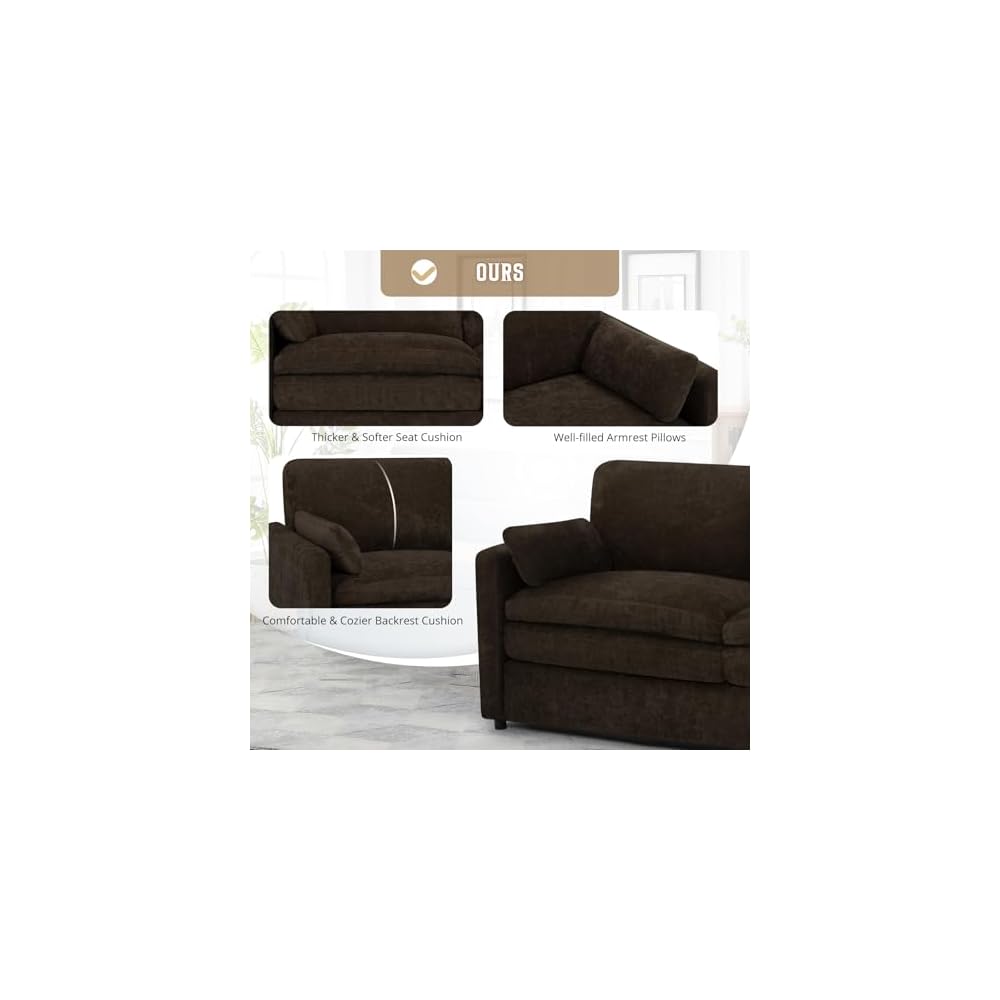 89" Chenille Modern Sofa w/Plump Backrests, Brown