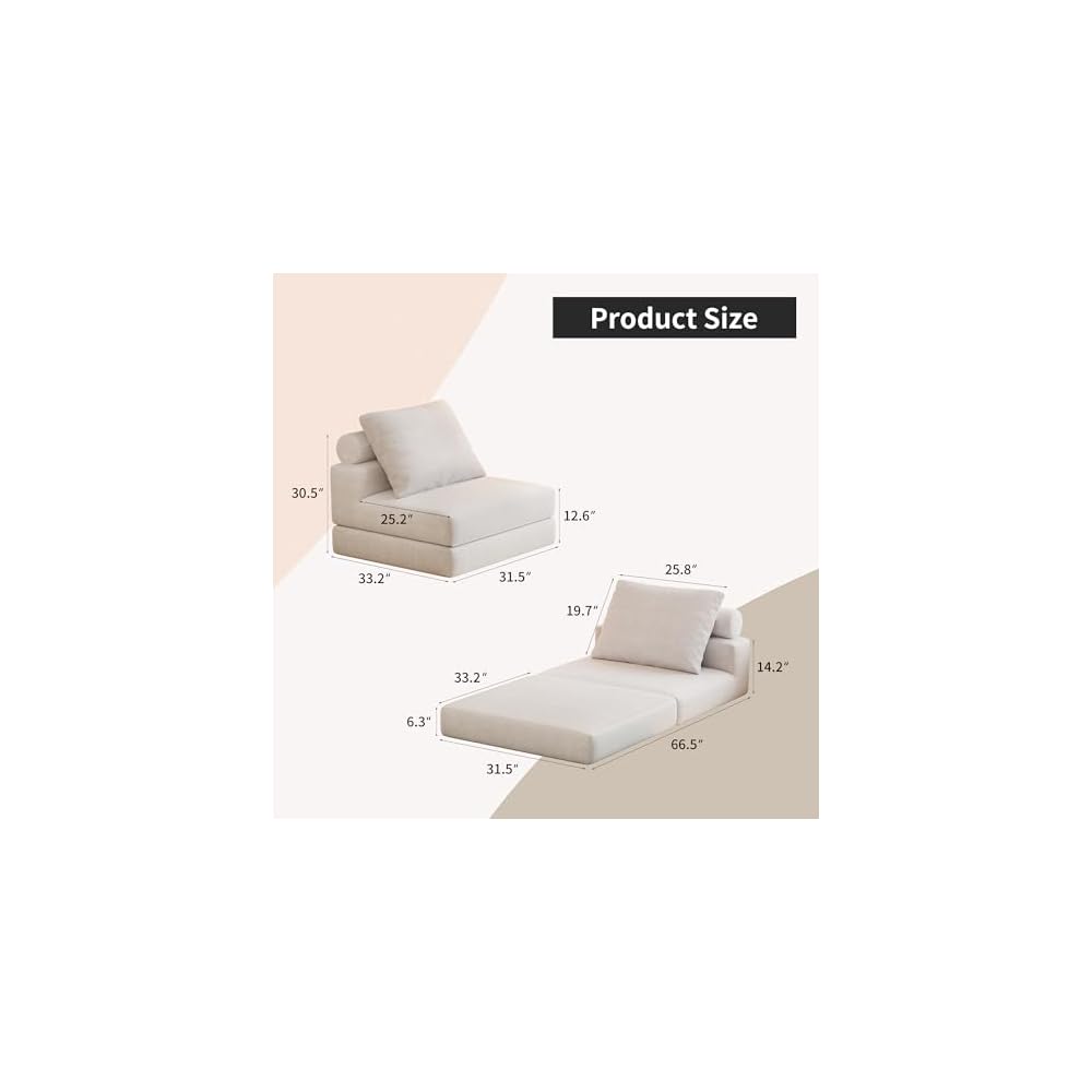 Folding Sofa Bed, 3-in-1 Convertible Sleeper Chair Bed with Pillows, Foldable Floor Couch with High-Density Foam, Futon Small Boneless Couch for Living Room Bedroom Lounge, Single, White