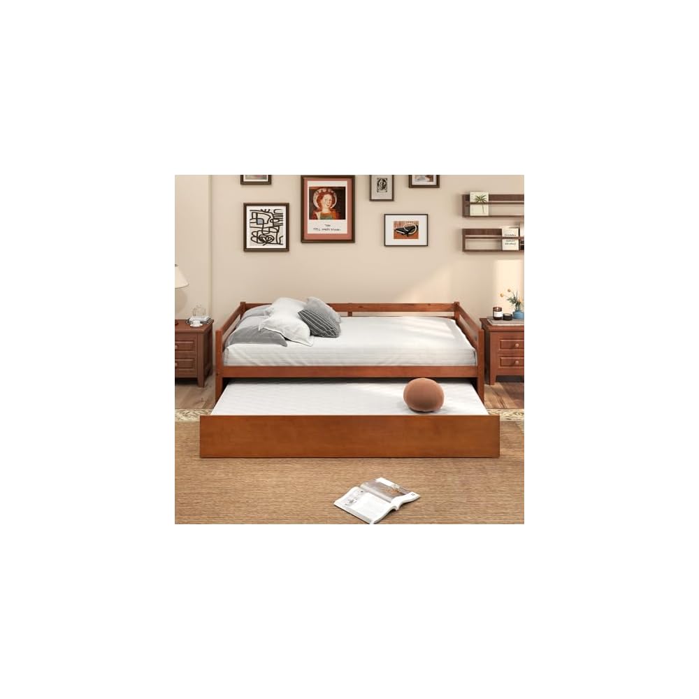 Twin Daybed with Trundle, Wood Trundle Bed with Wood Slat Support, Mid Century Day Bed Frame for Living Room Guest Room, No Box Spring Needed, Walnut