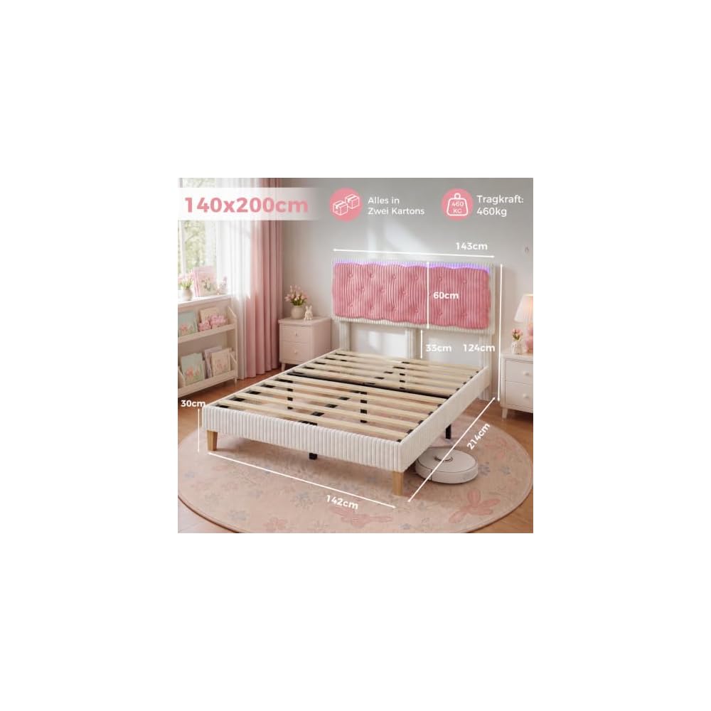 Bett 140x200cm, Kinderbett mit LED Beleuchtung und Lattenrost