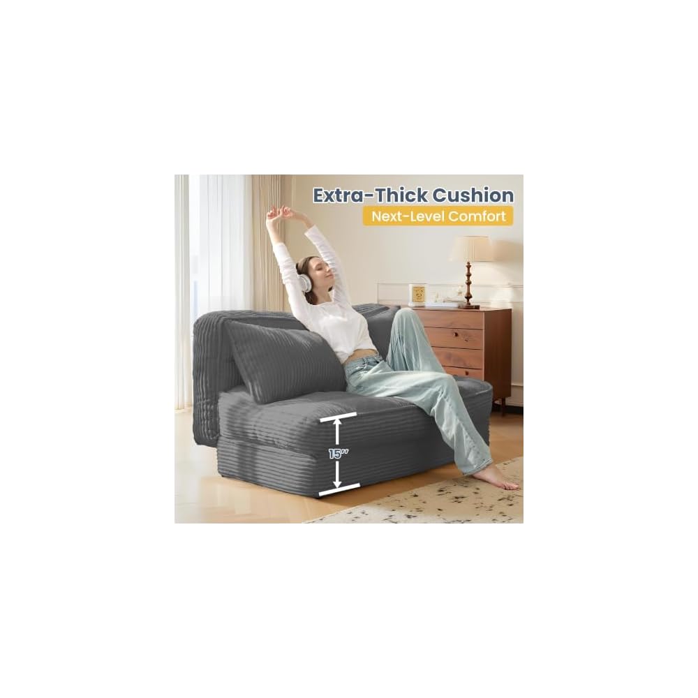 Convertible Boneless Sofa Bed with Fixed Frame,Boneless Loveseat Sleeper with 5-Position Adjustable Backrest & Thickened Cushion,Futon Couch with 2 Pillows for Bedroom,Small Spaces,Grey