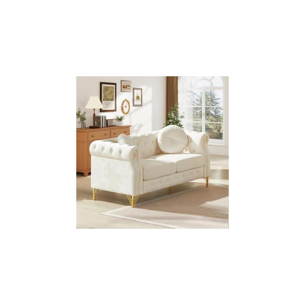Chesterfield Sofa Velvet, Loveseat Mid Century Modern Button Tufted Couch with Nailhead Trim & Gold Legs, Deep Seat Comfy Couch with Pillows for Living Room, Bedroom, Office, Apartment(60.5''W,Beige)