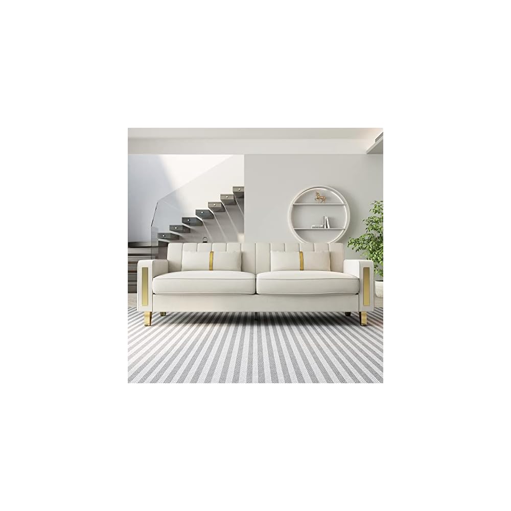 Modern Velvet Loveseat Sectional Sofa with Gold Legs, 86" Large, Beige, Upholstered Deep Seat Chaise for 3-4 Persons, Living Room, Office, Apartment