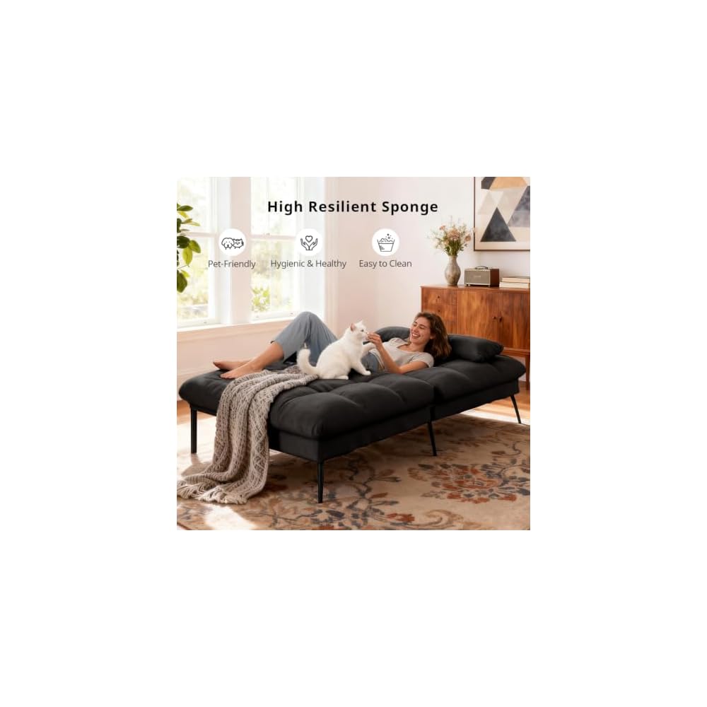 72″ Convertible Futon Sofa Bed, Adjustable Backrest, Black