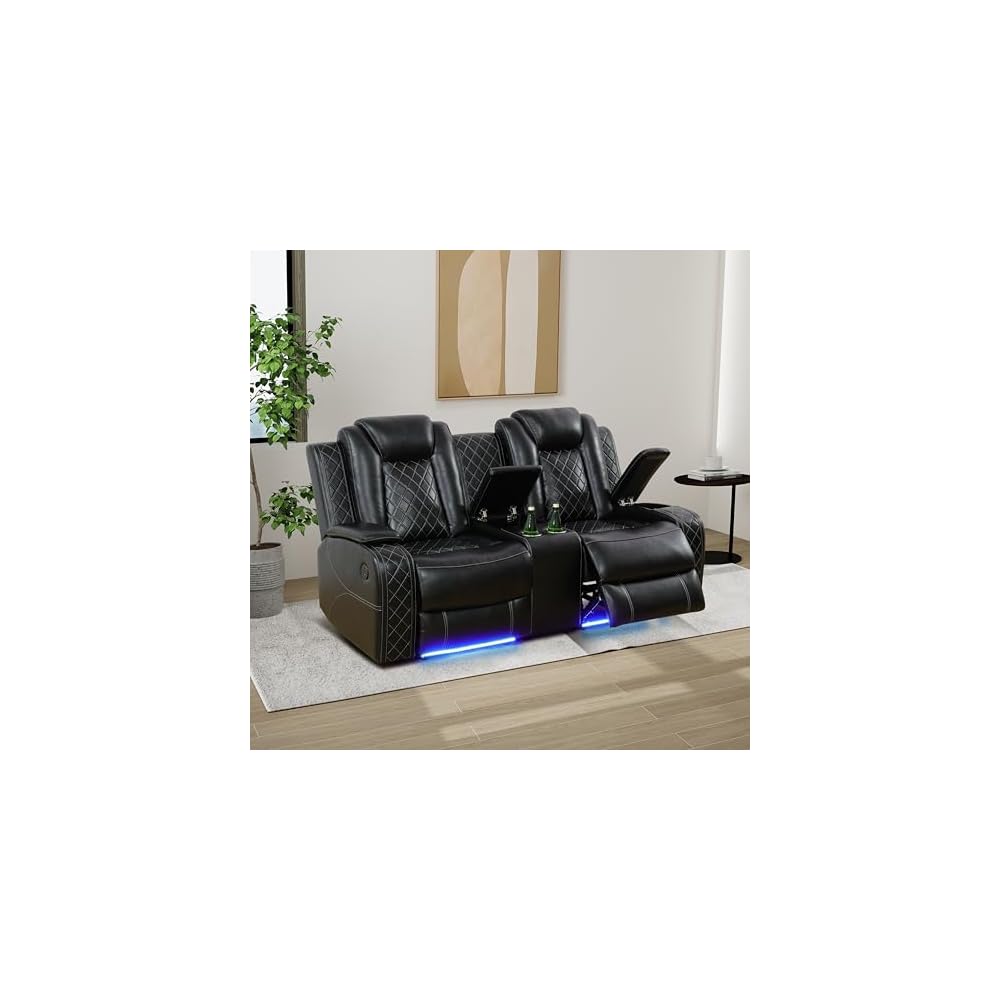 Breathable Leather Recliner Sofa,Power Recliner Chair with LED Lights & Double Reclining Loveseat for Living Room Home Theater, Black