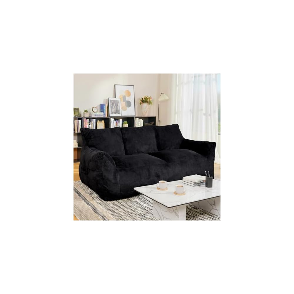 Faux Fur Loveseat Couch, Oversized Lounge Sofa for Adults, Fluffy Lazy Sofa with Soft Stuffed Filling, Big Comfy Couch, Boneless Couches for Living Room, Bedroom, Black
