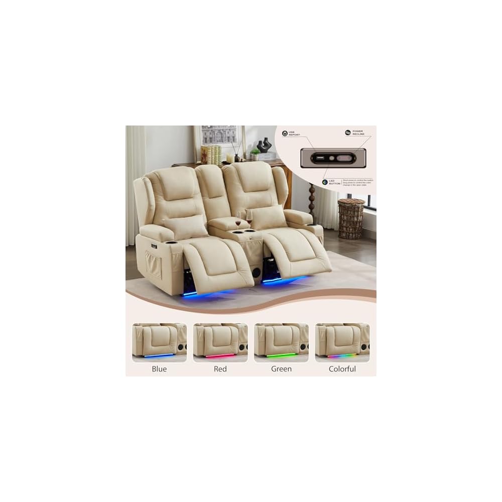 Loveseat Power Recliner Sofa Couch Electric Reclining Sofa Chair for Living Room with Multi-Function Console/Cup Holders/LED Ambient Light