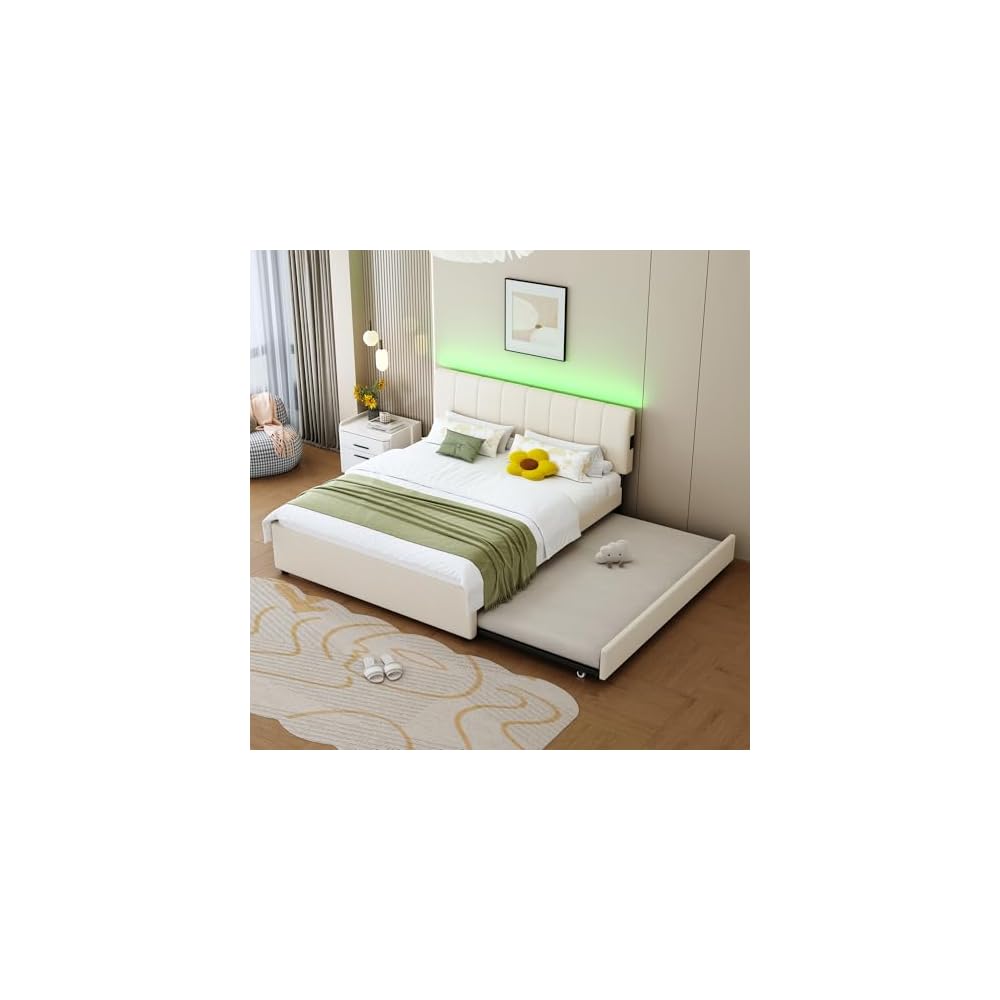 Queen Size Upholstered Platform Bed with Pull-Out Trundle Bed