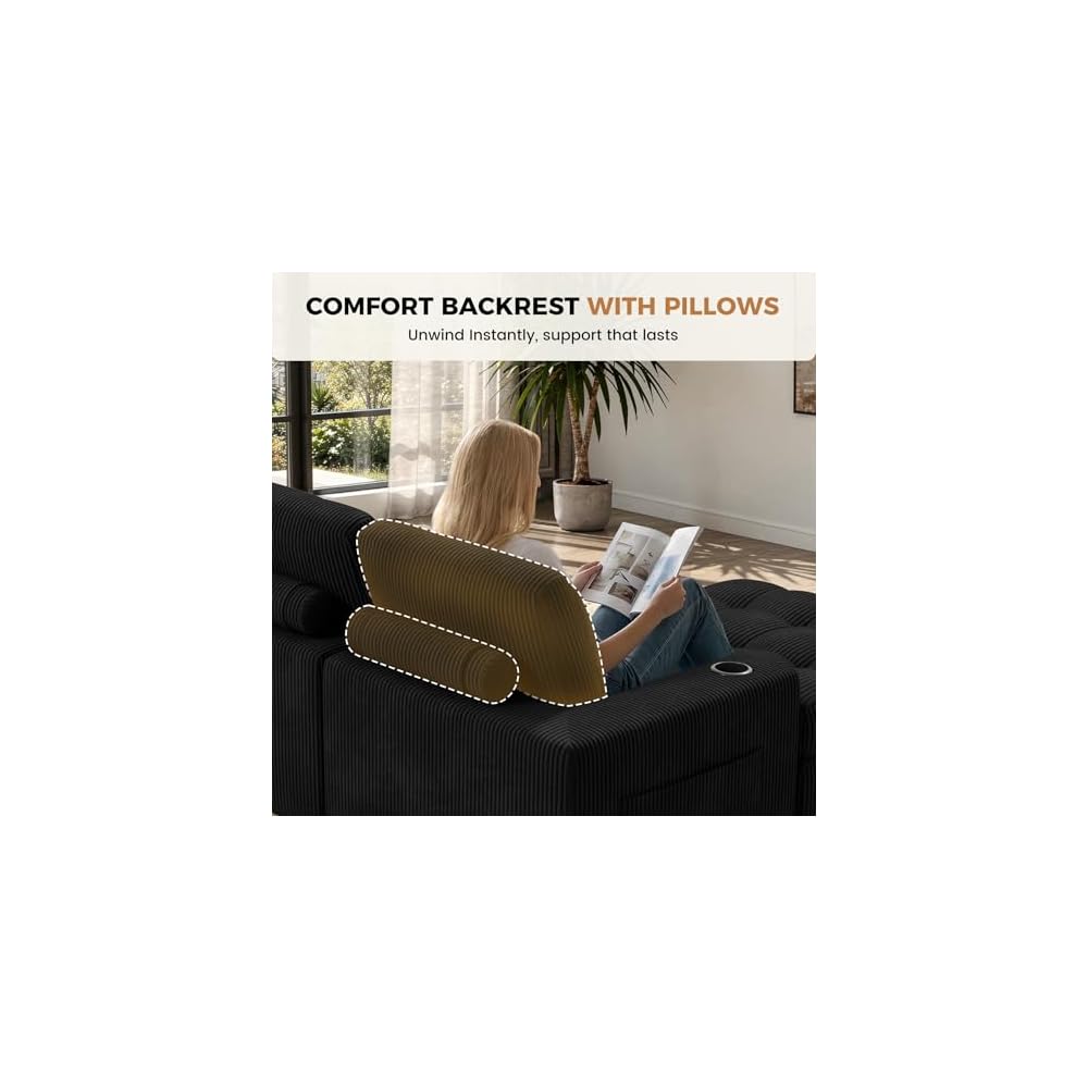112" L Shaped Modern Cloud Boneless Couch, Black 1 PCS