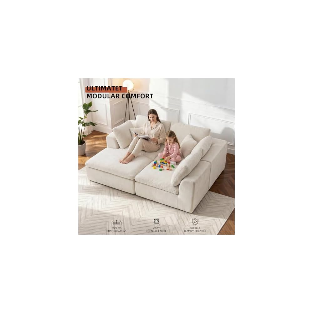 Boneless Sectional with Chaise, 110" L-Shaped Cloud Couch for Living Room, Deep Seat Chenille Floor Sofa, Frameless Modular Lounge Set (Beige, Left Facing Chaise)