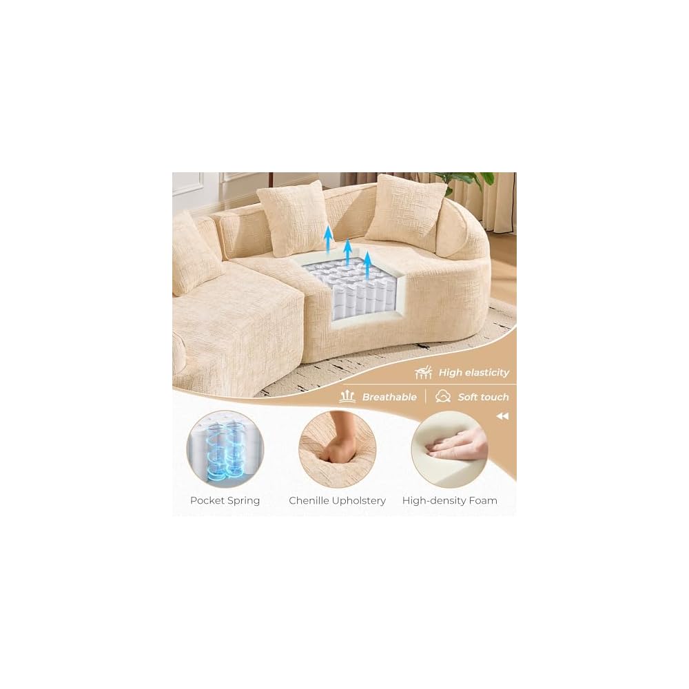 109'' Modern Curved Sectional Sofa, Luxury Plush Chenille Upholstered Couch, Comfy Cloud Compressed Sofa with 4 Pillows for Living Room Apartment Office, No Assembly Needed, Beige