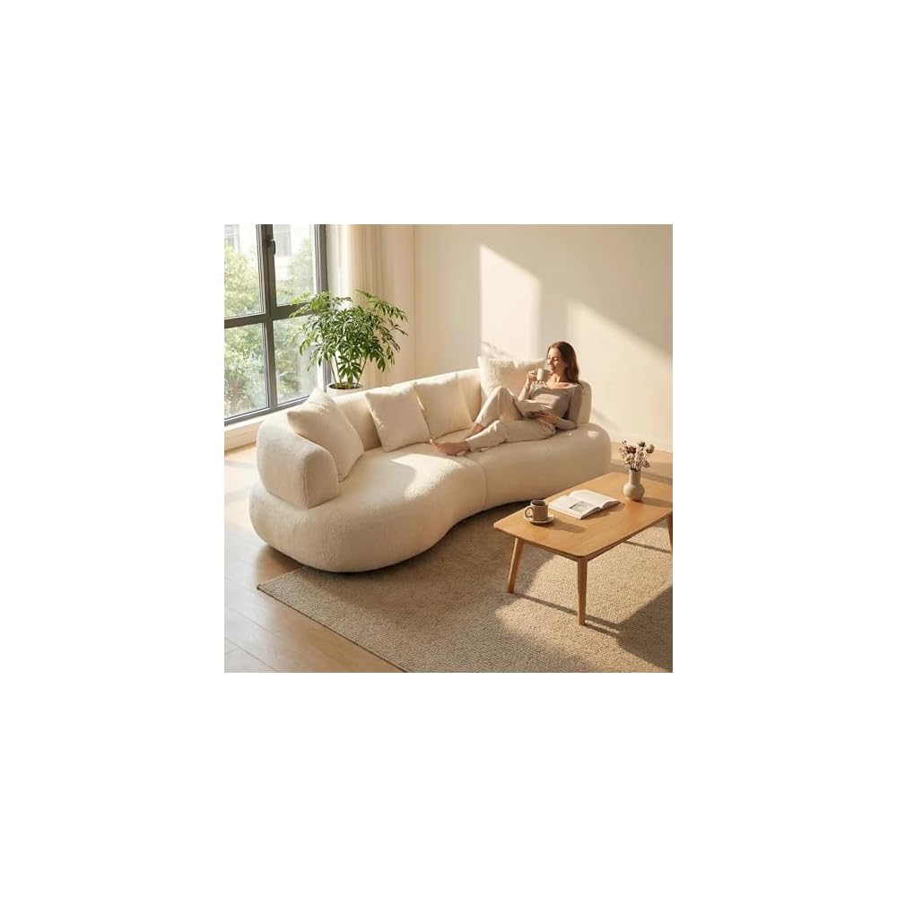 Curved Sectional Sofa, 102", 4-Seater, Pillows, Deep Seats, Boucle, Modern