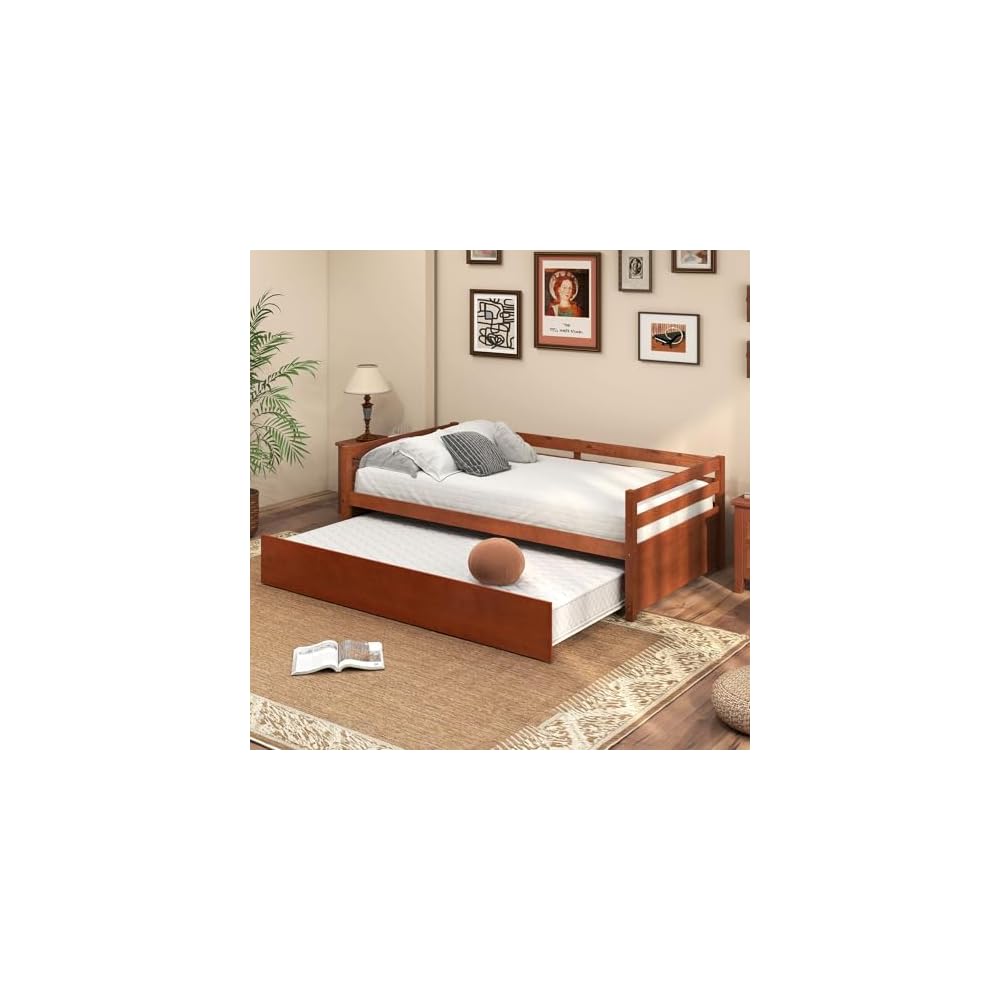 Twin Daybed with Trundle, Wood Trundle Bed with Wood Slat Support, Mid Century Day Bed Frame for Living Room Guest Room, No Box Spring Needed, Walnut