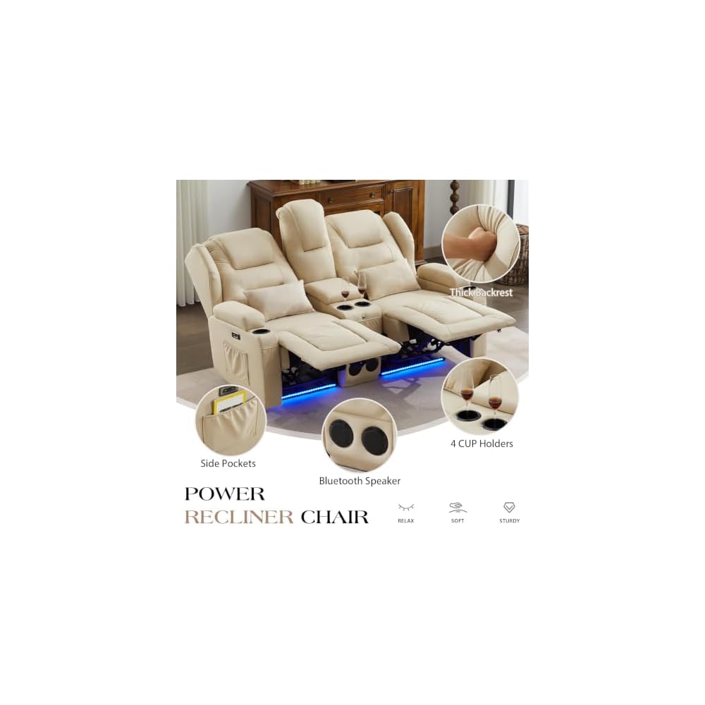 Loveseat Power Recliner Sofa Couch Electric Reclining Sofa Chair for Living Room with Multi-Function Console/Cup Holders/LED Ambient Light