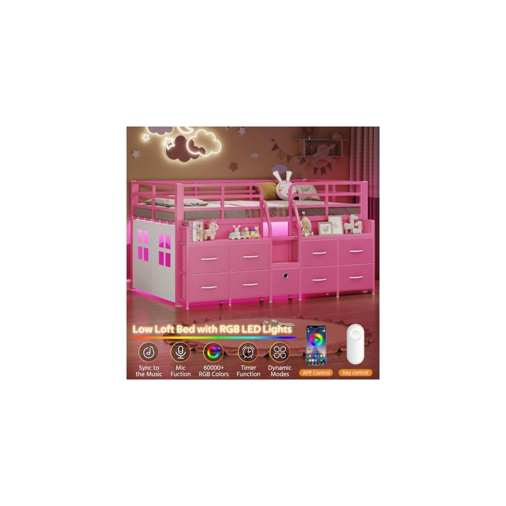 Low Loft Bed Twin Size with 9 Storage Drawers for Kids, Pink