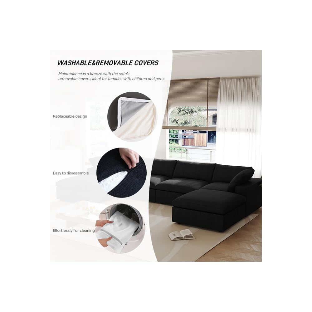 Cloud Couch Modular Sectional Sofa with Storage Ottomans,160.6" Down Filled 6 Seater Convertible Sectional Sofas,V Shaped Black Couch for Living Room,Covers Washable&Replaceable
