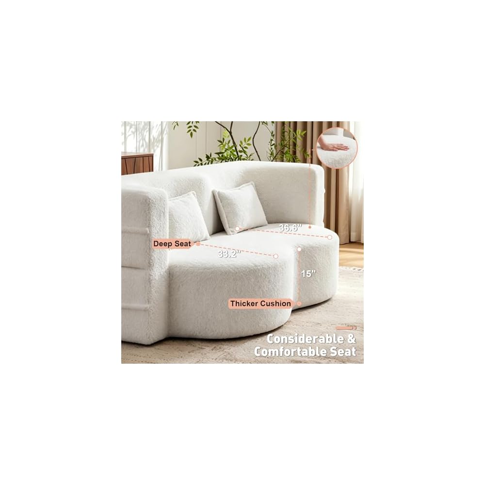 78" Convertible Folding Sofa Bed, Full Size Floor Sleeper Sofa with 2 Pillows, Foam Futon Loveseat Couch for Living Room Apartment Office, Boneless Couch No Assembly Required, (Teddy, Beige/White)
