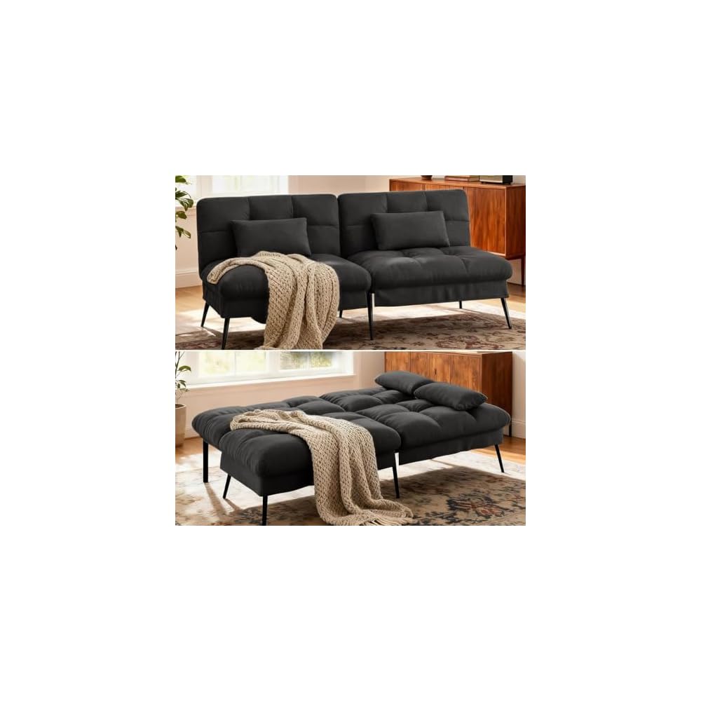72″ Convertible Futon Sofa Bed, Adjustable Backrest, Black