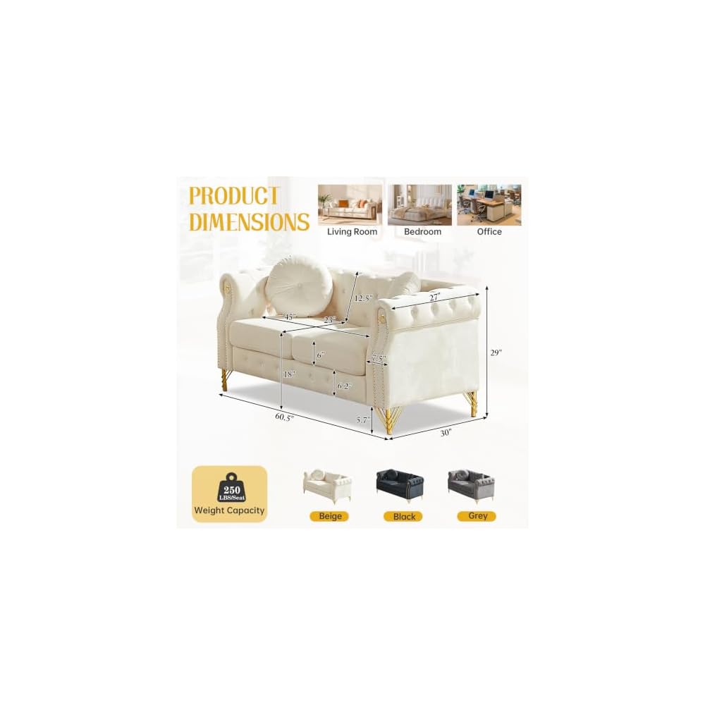 Chesterfield Sofa Velvet, Loveseat Mid Century Modern Button Tufted Couch with Nailhead Trim & Gold Legs, Deep Seat Comfy Couch with Pillows for Living Room, Bedroom, Office, Apartment(60.5''W,Beige)