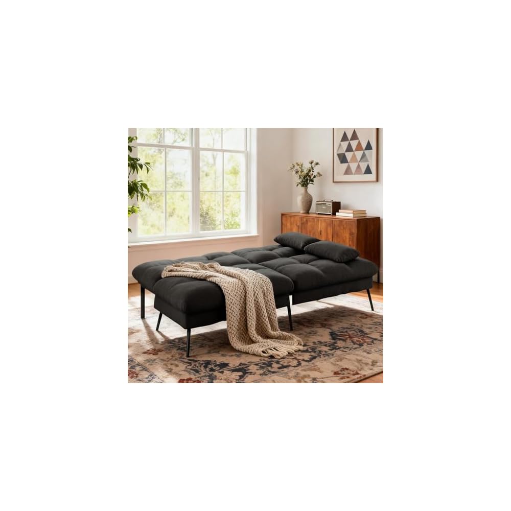72″ Convertible Futon Sofa Bed, Adjustable Backrest, Black