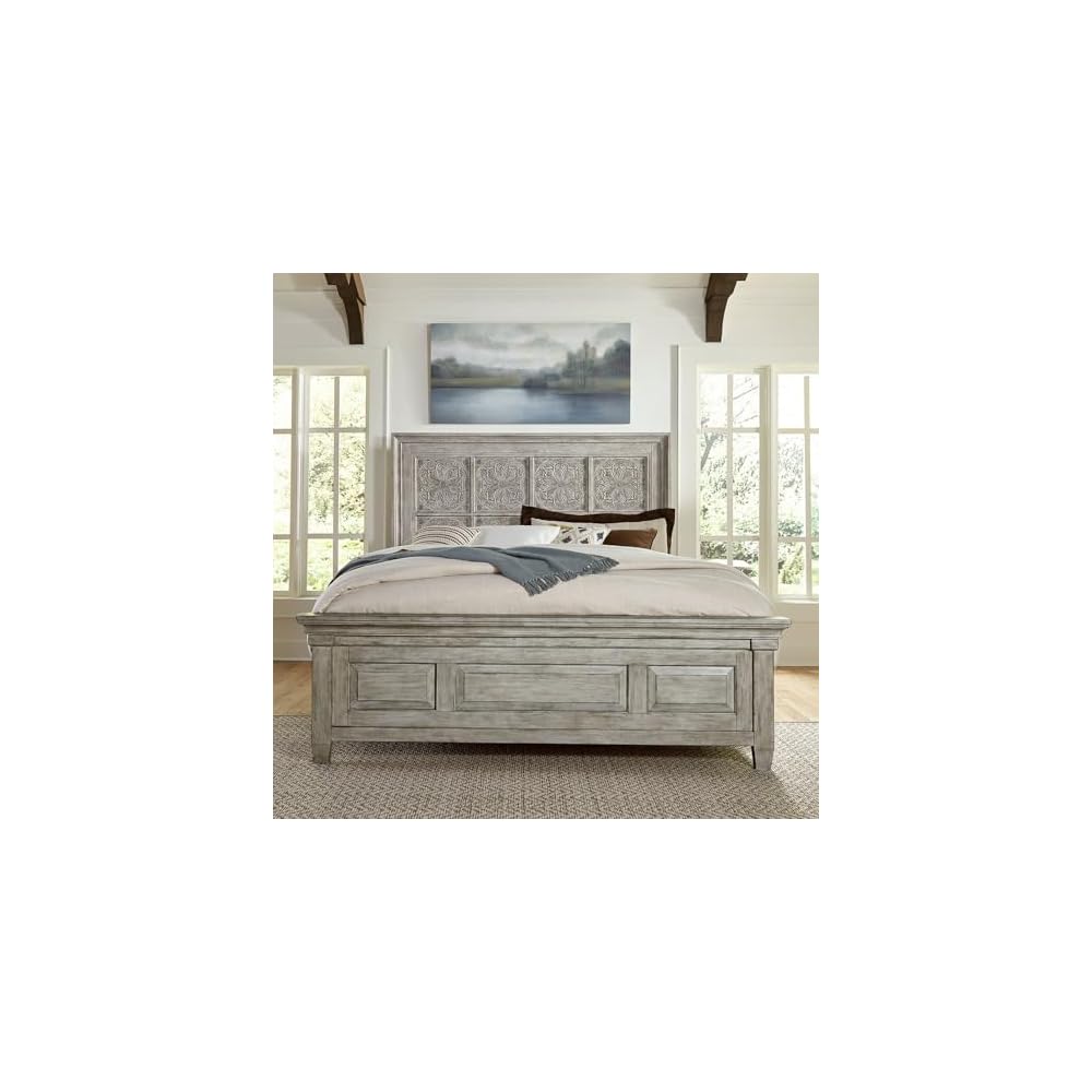 Liberty Furniture Heartland King Optional California Panel Bed Frame Farmhouse Bedroom with Antique Ceiling Tile Headboard - Antique White