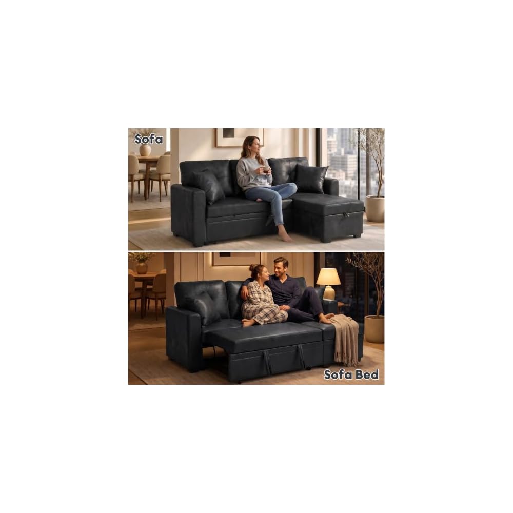 71" L-Shaped Couch with Pull-Out Bed, Leather-Look Fabric, Black