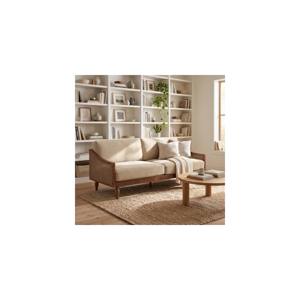 Harper Mid-Century Loveseat Sofa Couch, 2-Seater Lounge Sofa with Rattan Armrests and Wooden Legs, Chenille Upholstered Couches for Living Room, Walnut + Light Brown