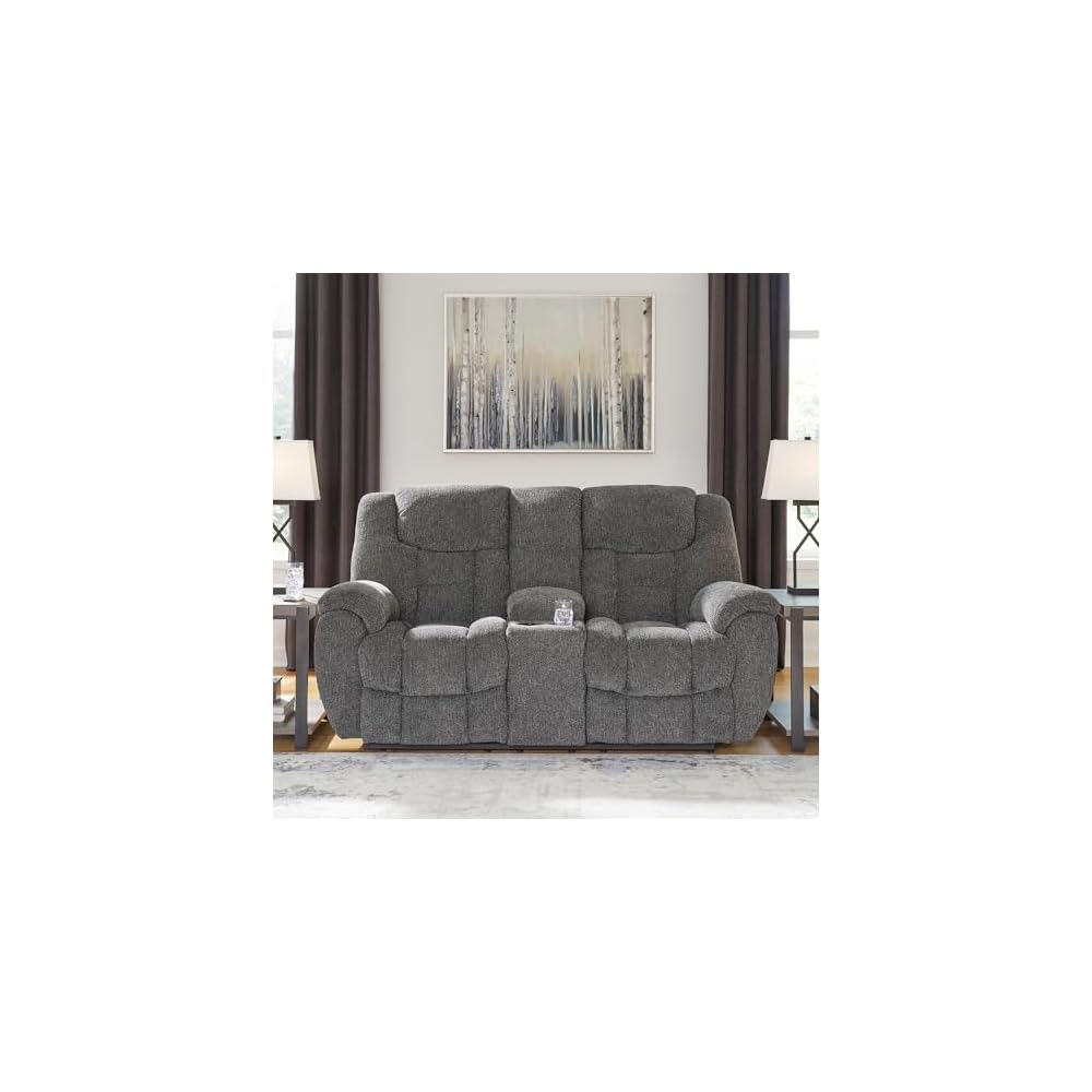Foreside Contemporary Stain Resistant Manual Double Reclining Loveseat with Console, Storage and Cup Holders, Gray