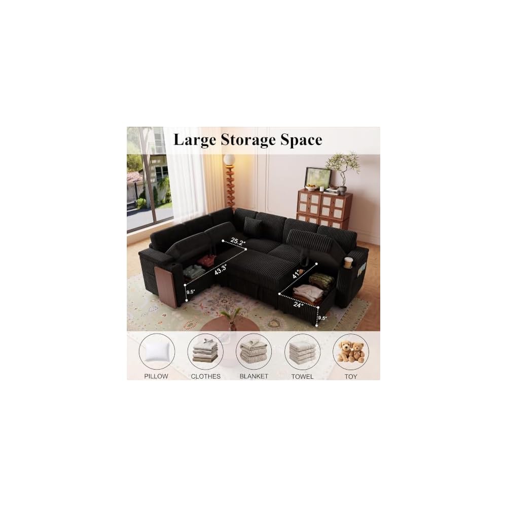 100" 7-seat Modular U-Shaped Storage Sofa with Pull Out Bed