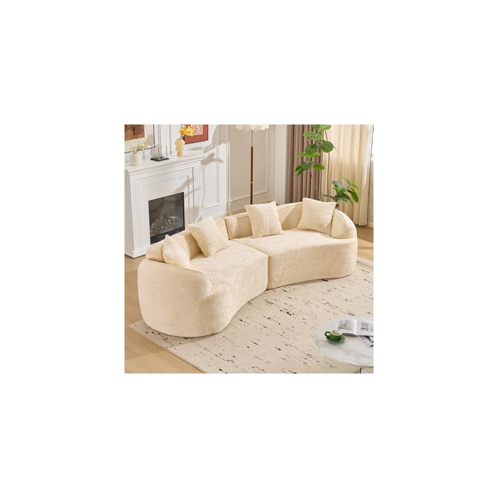 109'' Modern Curved Sectional Sofa, Luxury Plush Chenille Upholstered Couch, Comfy Cloud Compressed Sofa with 4 Pillows for Living Room Apartment Office, No Assembly Needed, Beige