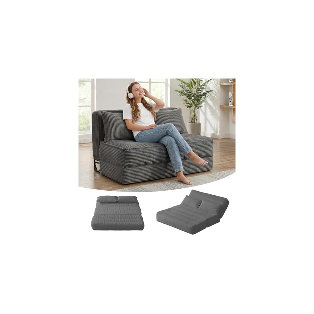 Convertible Boneless Sofa Bed with Fixed Frame,Boneless Loveseat Sleeper with 5-Position Adjustable Backrest & Thickened Cushion,Futon Couch with 2 Pillows for Bedroom,Small Spaces,Grey