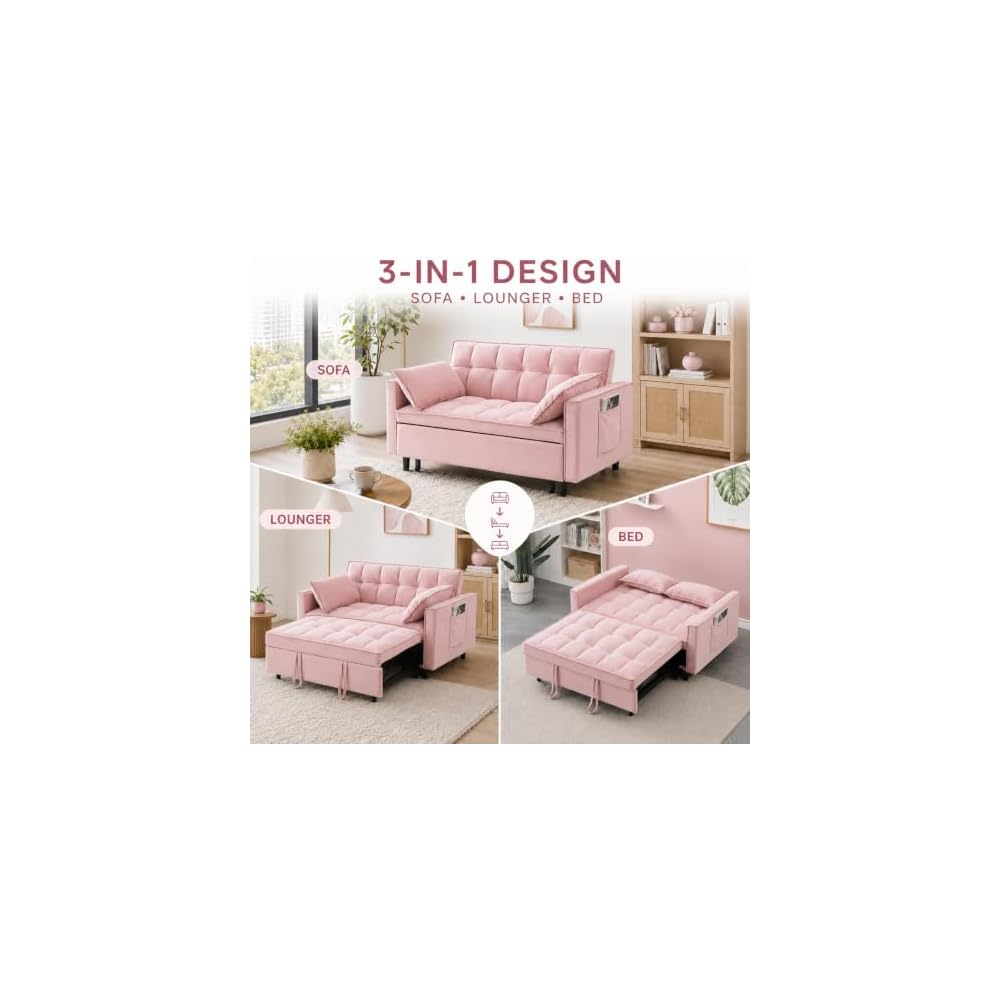3 In 1 Velvet Convertible Sofa Bed, Pull Out Couch Bed with Reclining Backrest And 2 Pillows, 54" Full Size Loveseat Sleeper Sofa Futon Couch Bed, Couches For Small Spaces, Living Room (Pink)