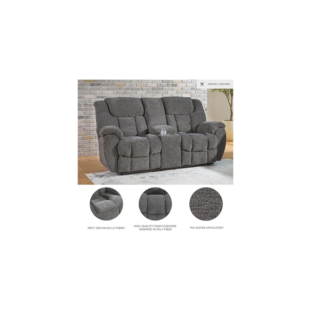 Foreside Contemporary Stain Resistant Manual Double Reclining Loveseat with Console, Storage and Cup Holders, Gray