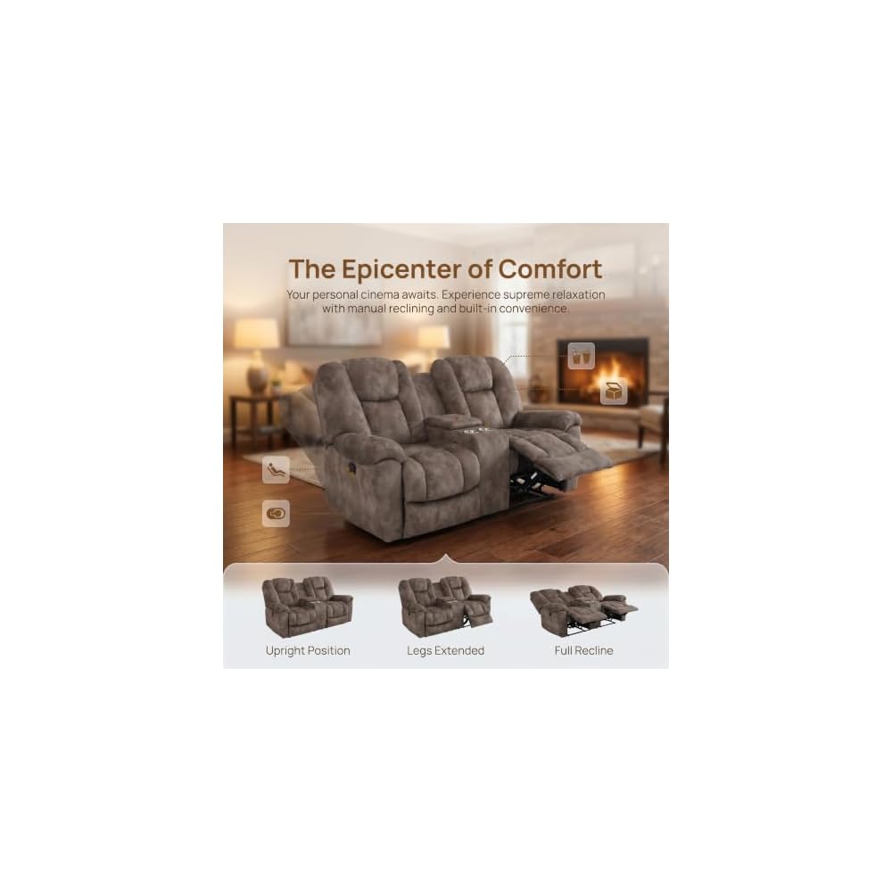 Fabric Recliner Sofa Set with Cup Holder, 3 Pieces Living Room Furniture Sets, Manual Reclining Sofa Set with Storage, Modern Reclining Couches for Living Room/Office, Brown