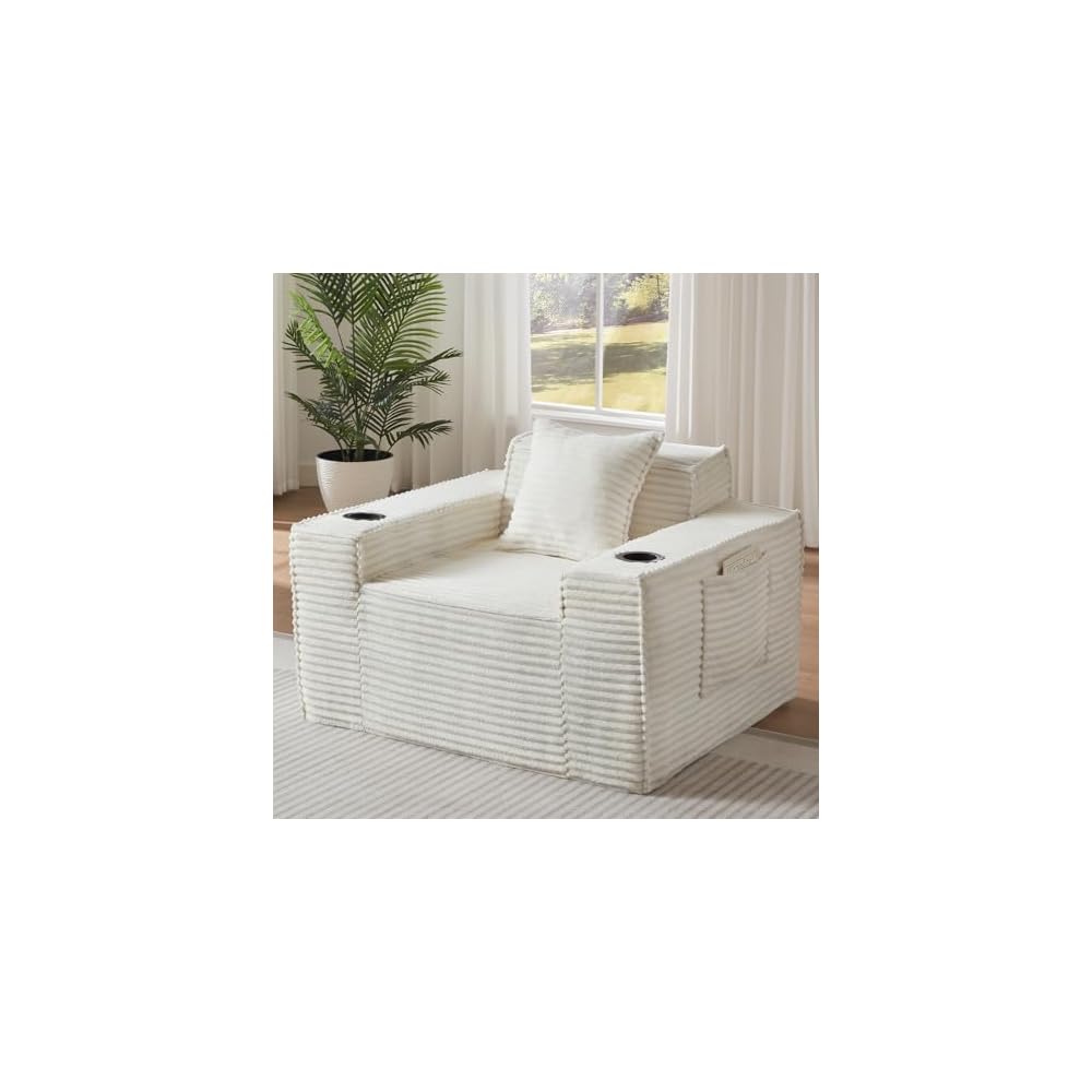 43.3" Boneless Chair for Living Room, 1 Seater Cloud Sofa with Sidepockets & Cupholders, Corduroy Floor Chair with Pillows Modern Singles Sofa Chair for Living Room, Small Space, White
