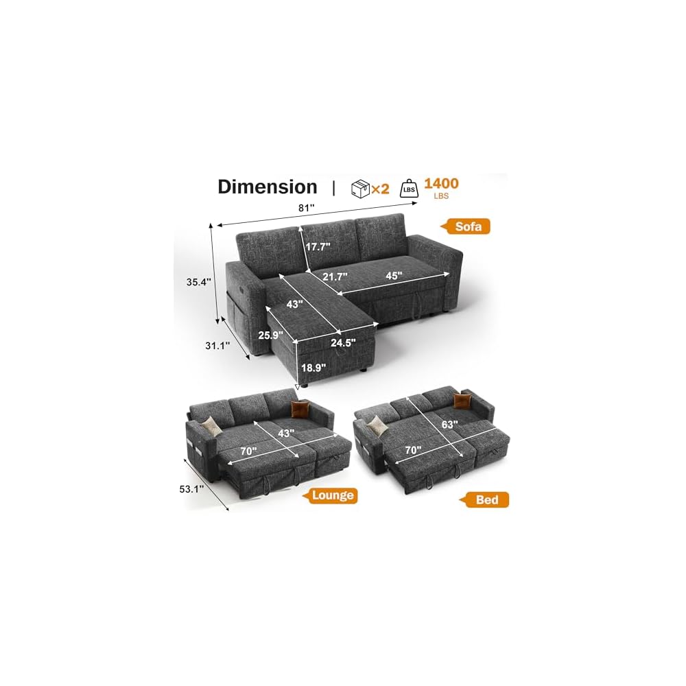 82" Sectional Sleeper Sofa with Pull Out Bed, L Shaped Couch Sleeper Sofa Bed, Pull Out Couch with Reclining Backrest, Reversible Storage Chaise, USB Ports, Tool-Free Assembly, Chenille Grey