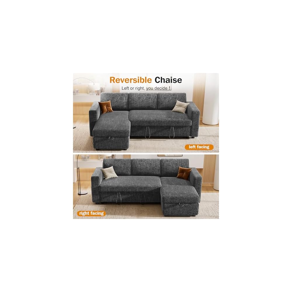 82" Sectional Sleeper Sofa with Pull Out Bed, L Shaped Couch Sleeper Sofa Bed, Pull Out Couch with Reclining Backrest, Reversible Storage Chaise, USB Ports, Tool-Free Assembly, Chenille Grey