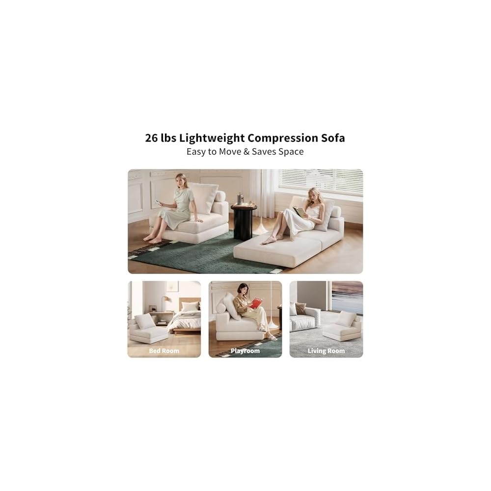Folding Sofa Bed, 3-in-1 Convertible Sleeper Chair Bed with Pillows, Foldable Floor Couch with High-Density Foam, Futon Small Boneless Couch for Living Room Bedroom Lounge, Single, White