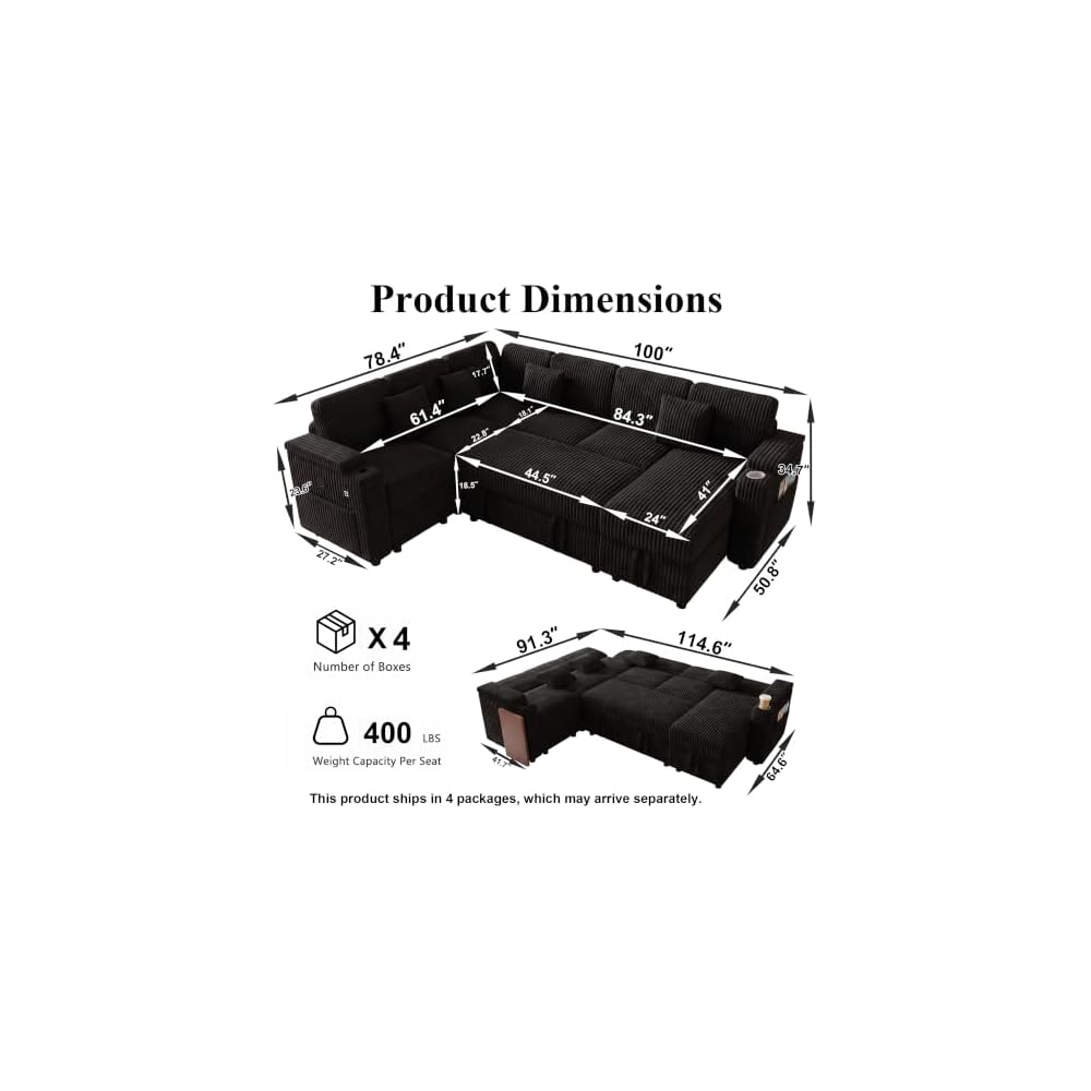 100" 7-seat Modular U-Shaped Storage Sofa with Pull Out Bed