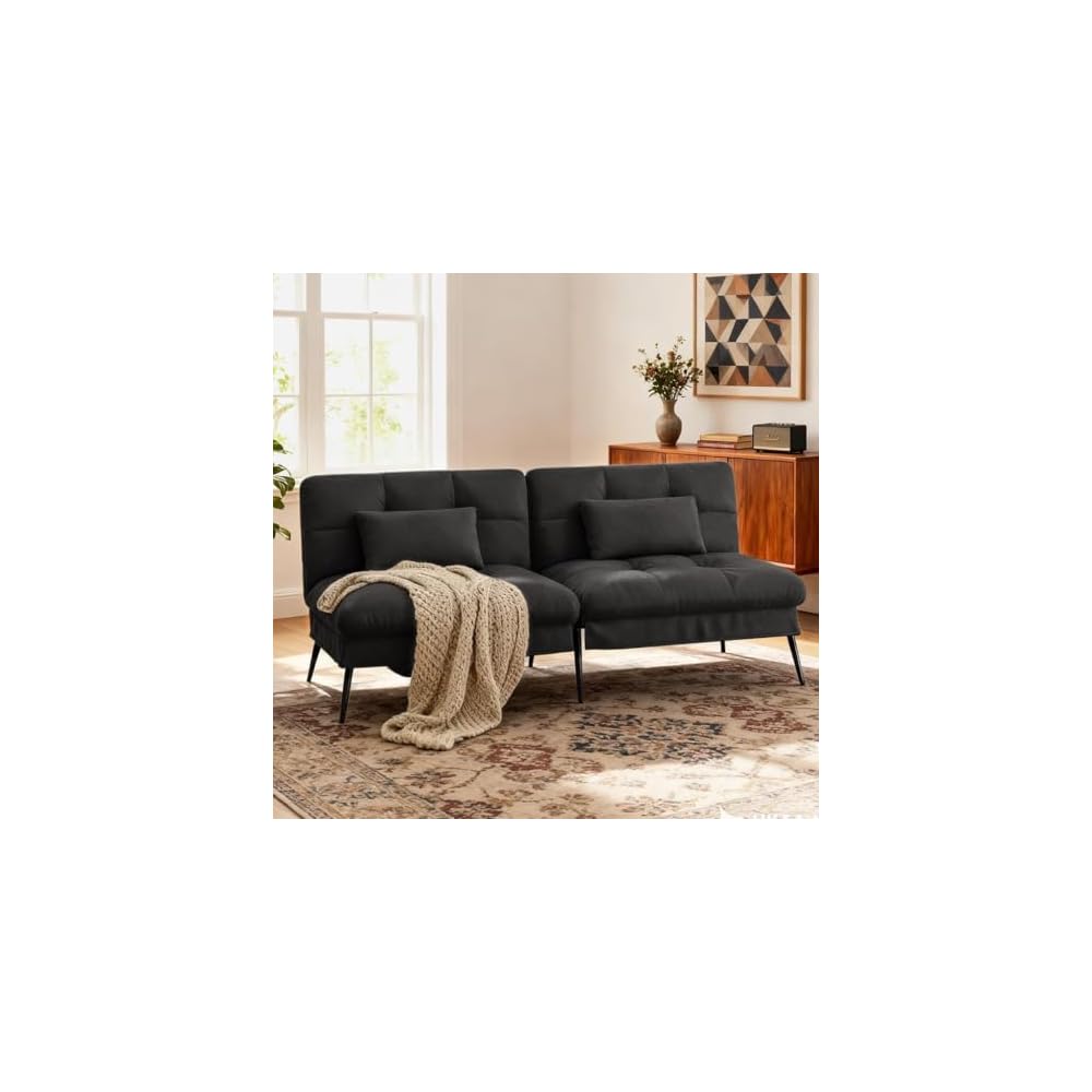 72″ Convertible Futon Sofa Bed, Adjustable Backrest, Black