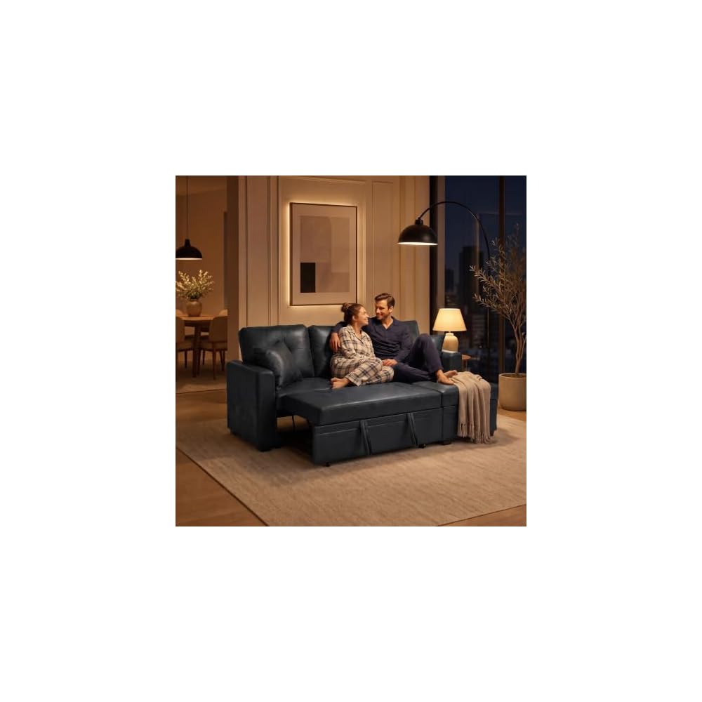 71" L-Shaped Couch with Pull-Out Bed, Leather-Look Fabric, Black