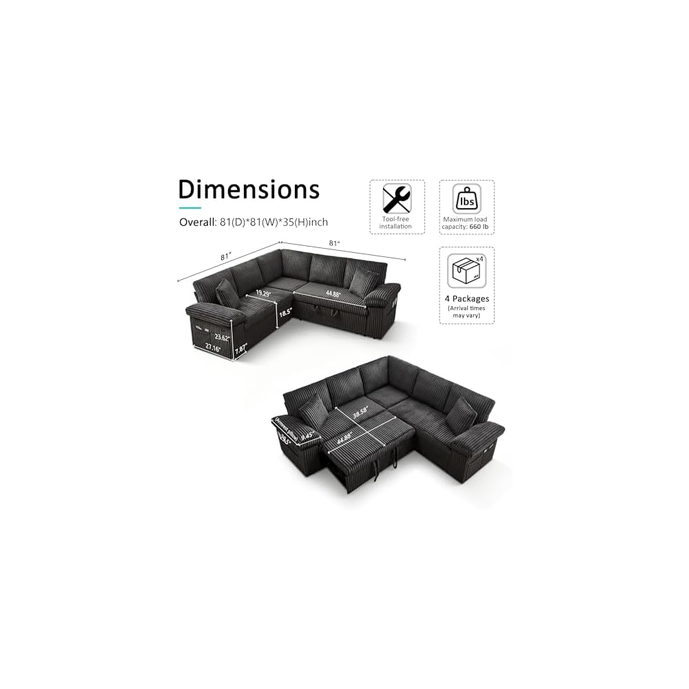 82'' Modular Sectional Couch with Sleeper Sofa Bed (Dark Grey)